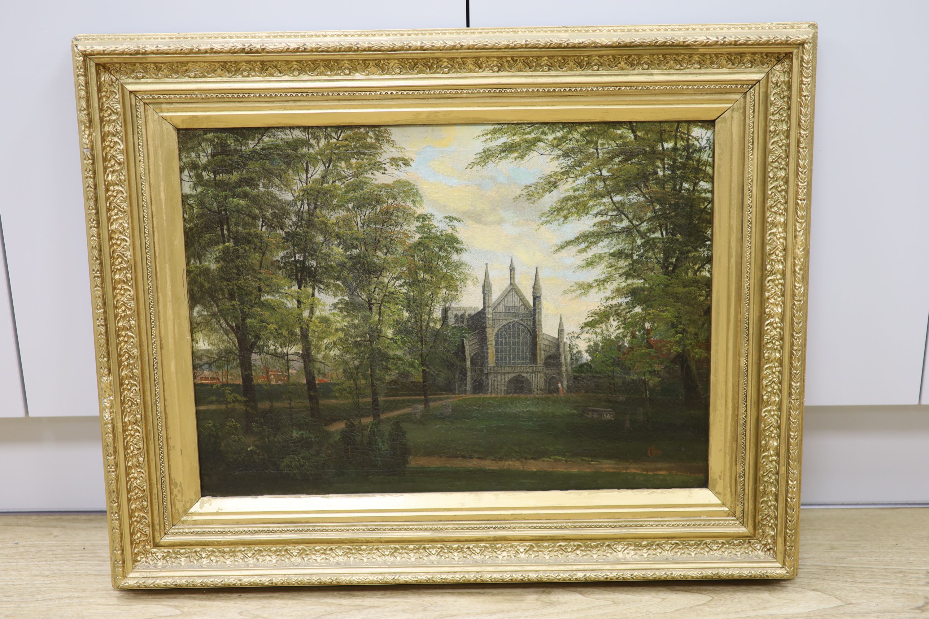 Allan (19th C.), oil on canvas, Church viewed through trees, signed, 40 x 55cm